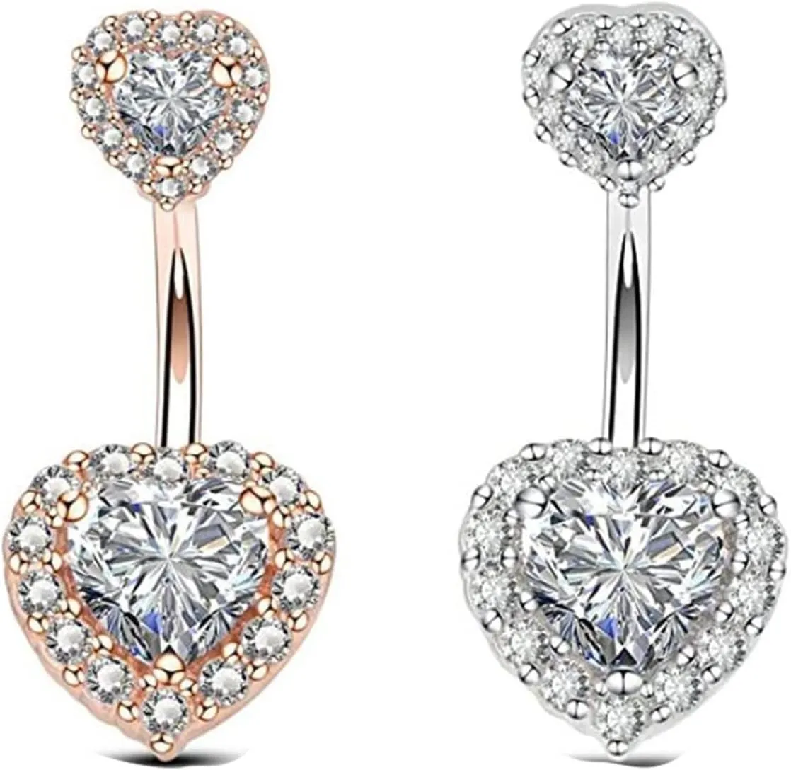 SMDSAZ Zircon Crystal Belly Button Rings for Women Navel Ring Surgical Steel Barbell Heart Round Body Piercing Jewelry (Metal Color : Purple C)