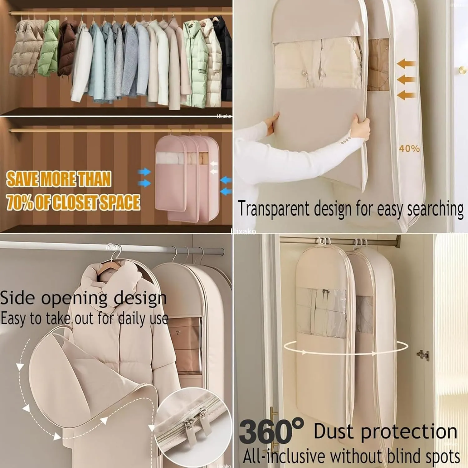 Space Saving Hanging Garment Bag with Self Compression Zipper - 3-Size Dustproof Clothes Storage for Down Coats, Suits & Winter Jackets, Vacuum-Free Closet Organizer (Beige/Pink,