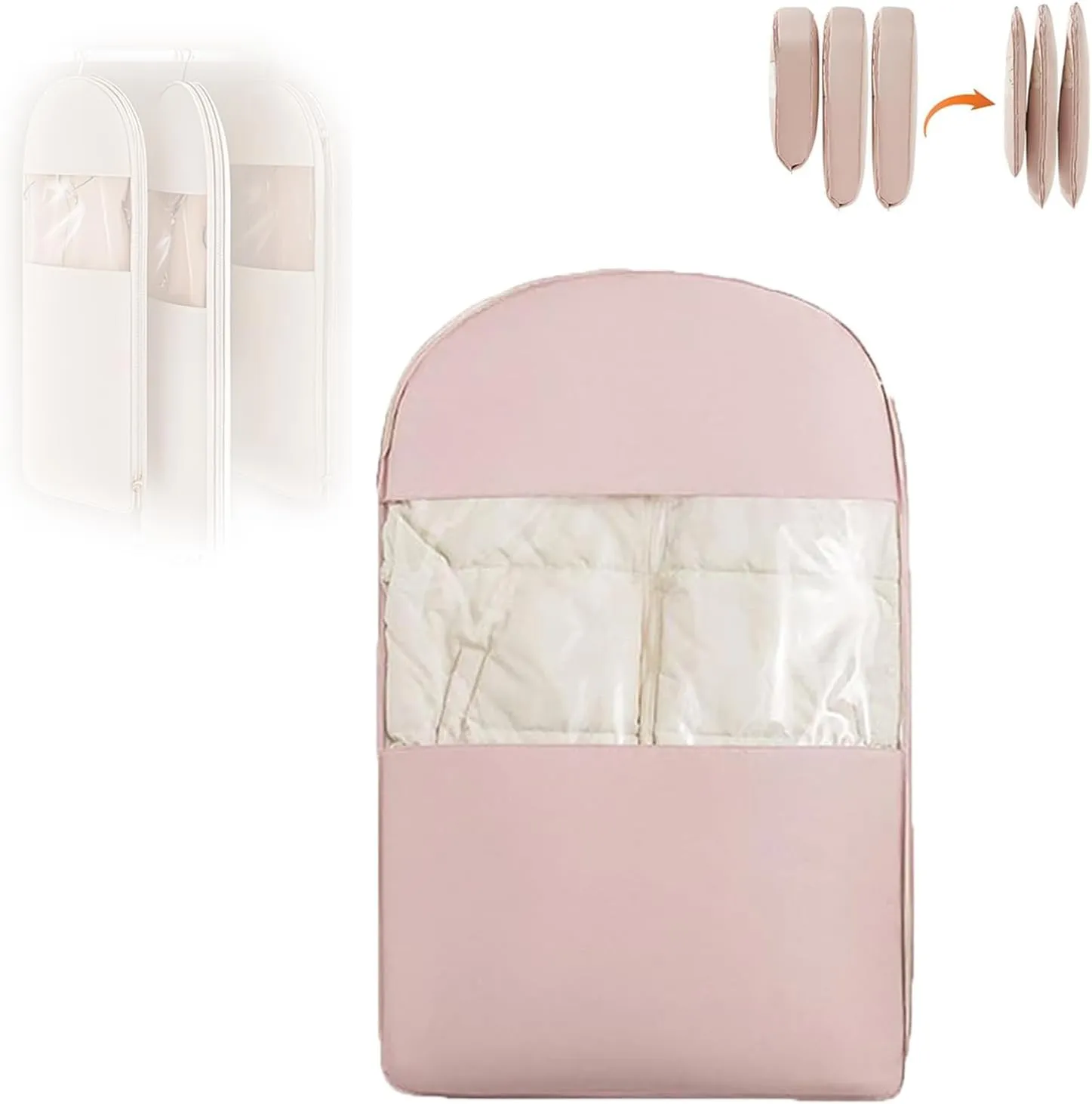 Space Saving Hanging Garment Bag with Self Compression Zipper - 3-Size Dustproof Clothes Storage for Down Coats, Suits & Winter Jackets, Vacuum-Free Closet Organizer (Beige/Pink,