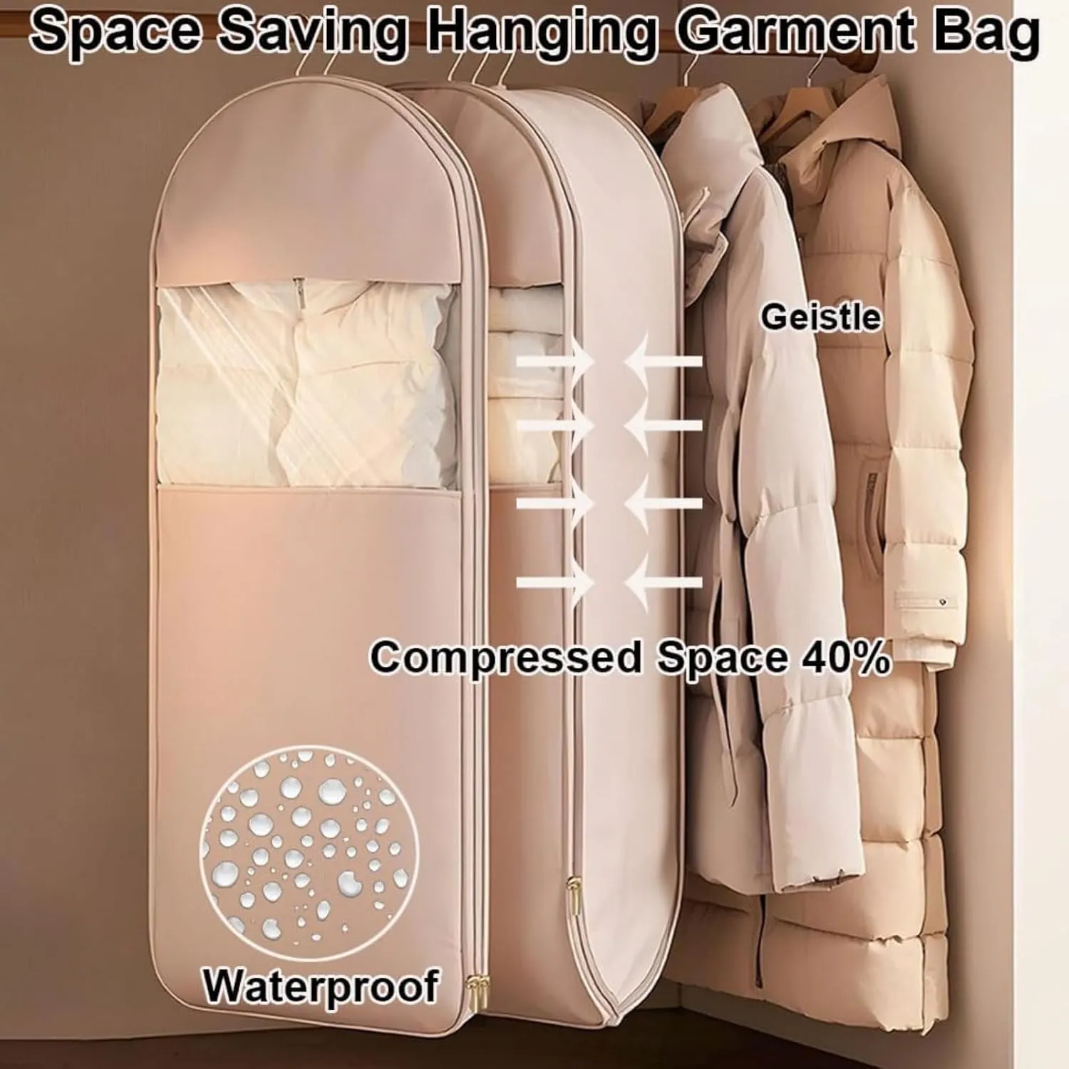 Space Saving Hanging Garment Bag with Self Compression Zipper - 3-Size Dustproof Clothes Storage for Down Coats, Suits & Winter Jackets, Vacuum-Free Closet Organizer (Beige/Pink,