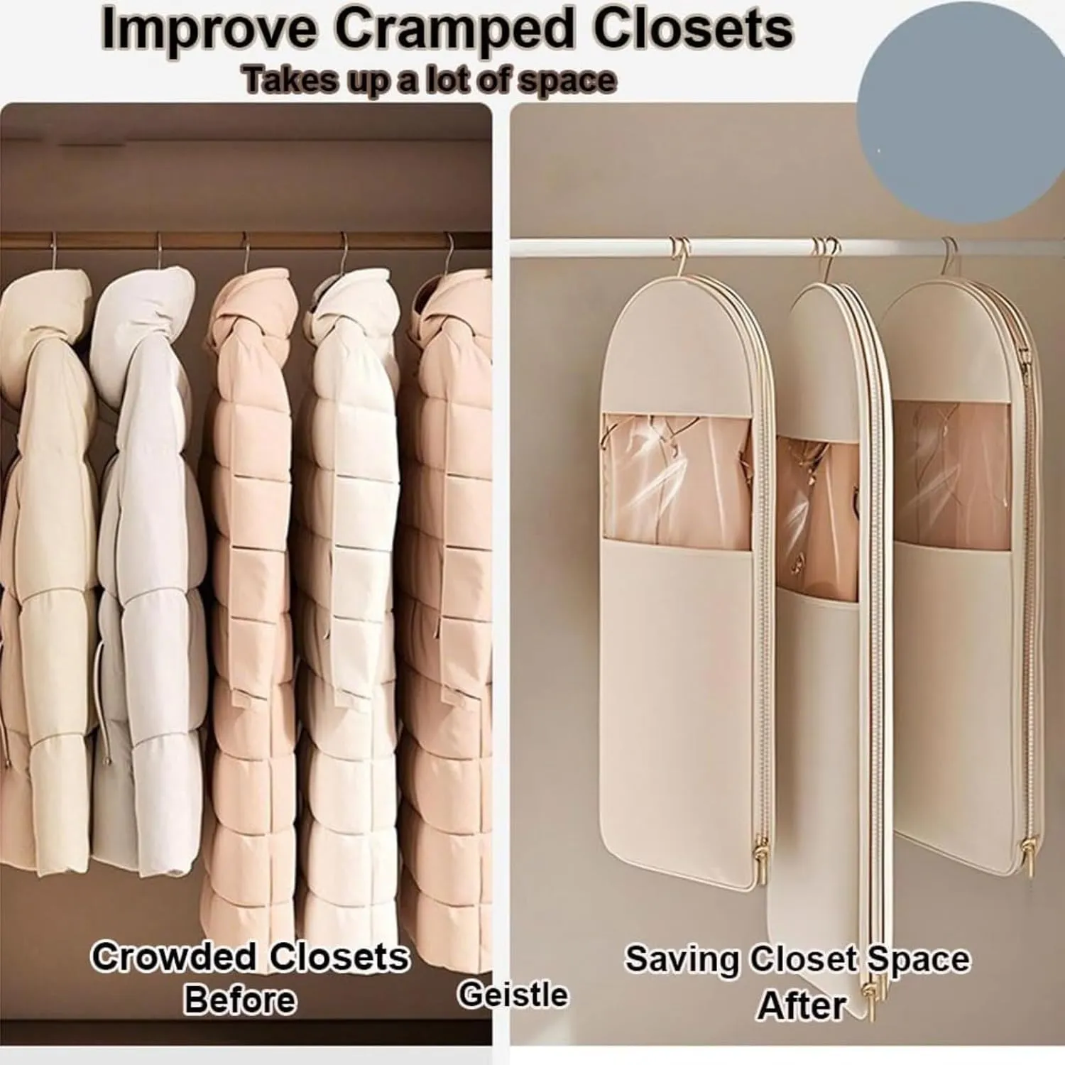 Space Saving Hanging Garment Bag with Self Compression Zipper - 3-Size Dustproof Clothes Storage for Down Coats, Suits & Winter Jackets, Vacuum-Free Closet Organizer (Beige/Pink,