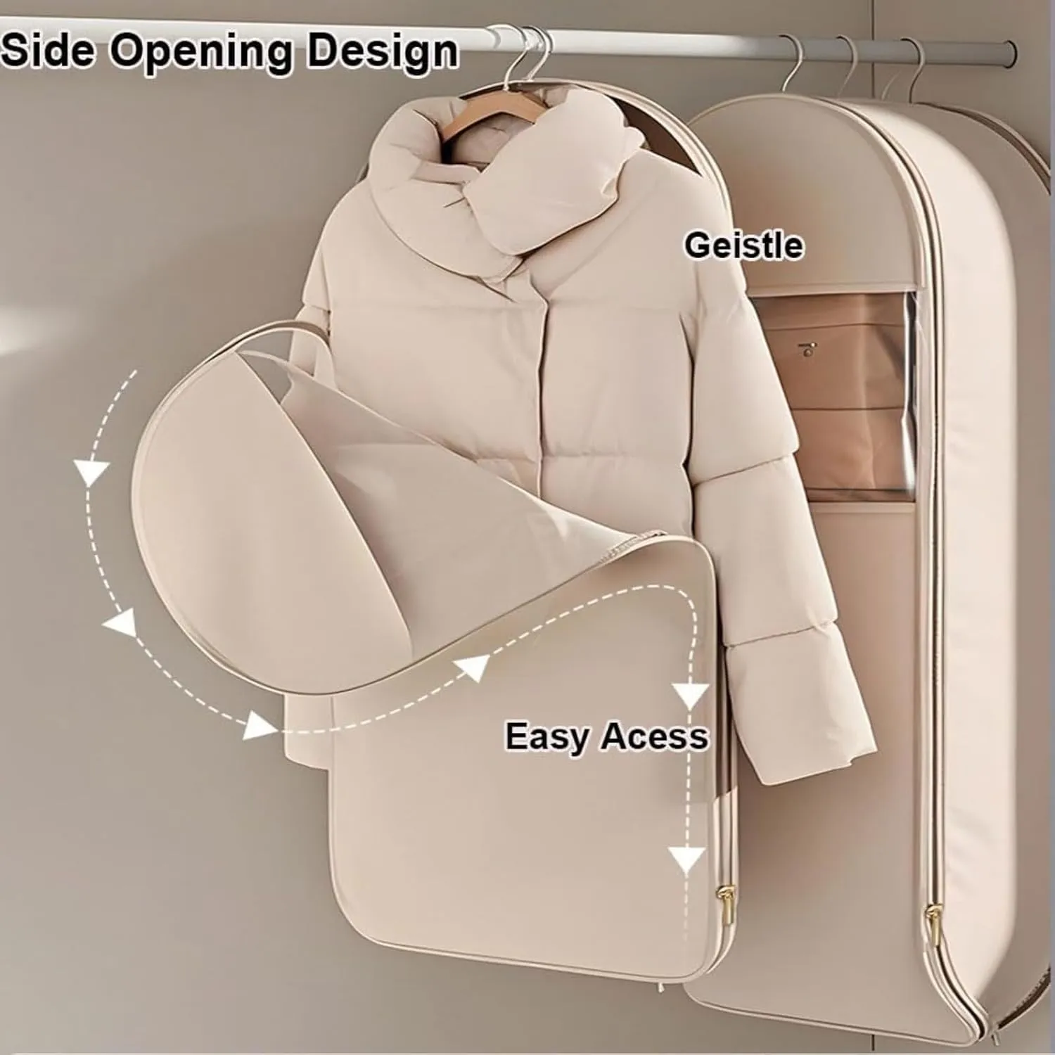 Space Saving Hanging Garment Bag with Self Compression Zipper - 3-Size Dustproof Clothes Storage for Down Coats, Suits & Winter Jackets, Vacuum-Free Closet Organizer (Beige/Pink,