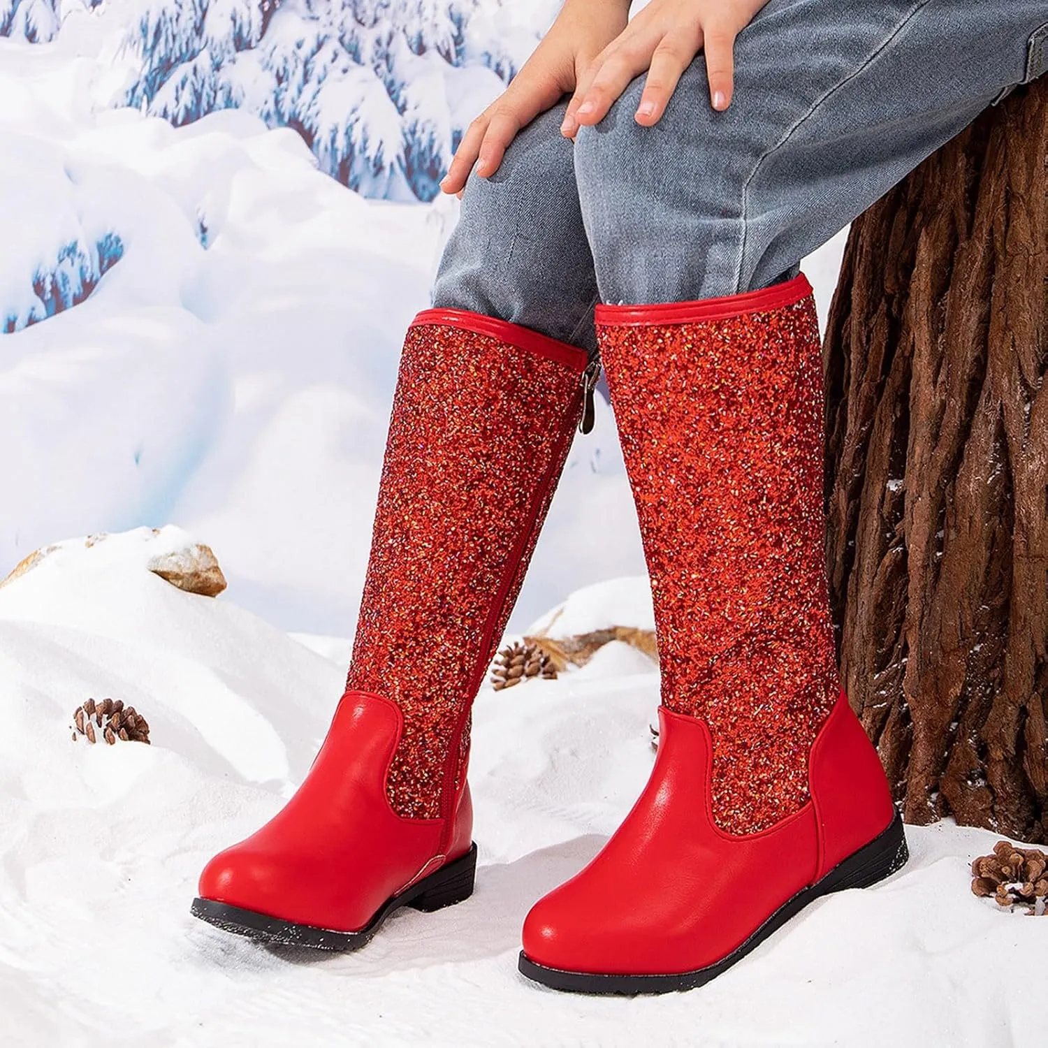 Sparkly Girls Cowboy Western Boots Mid Calf Square Toe Western Boot for Kids Glitter Cowboy Boots Snow Ankle Boots