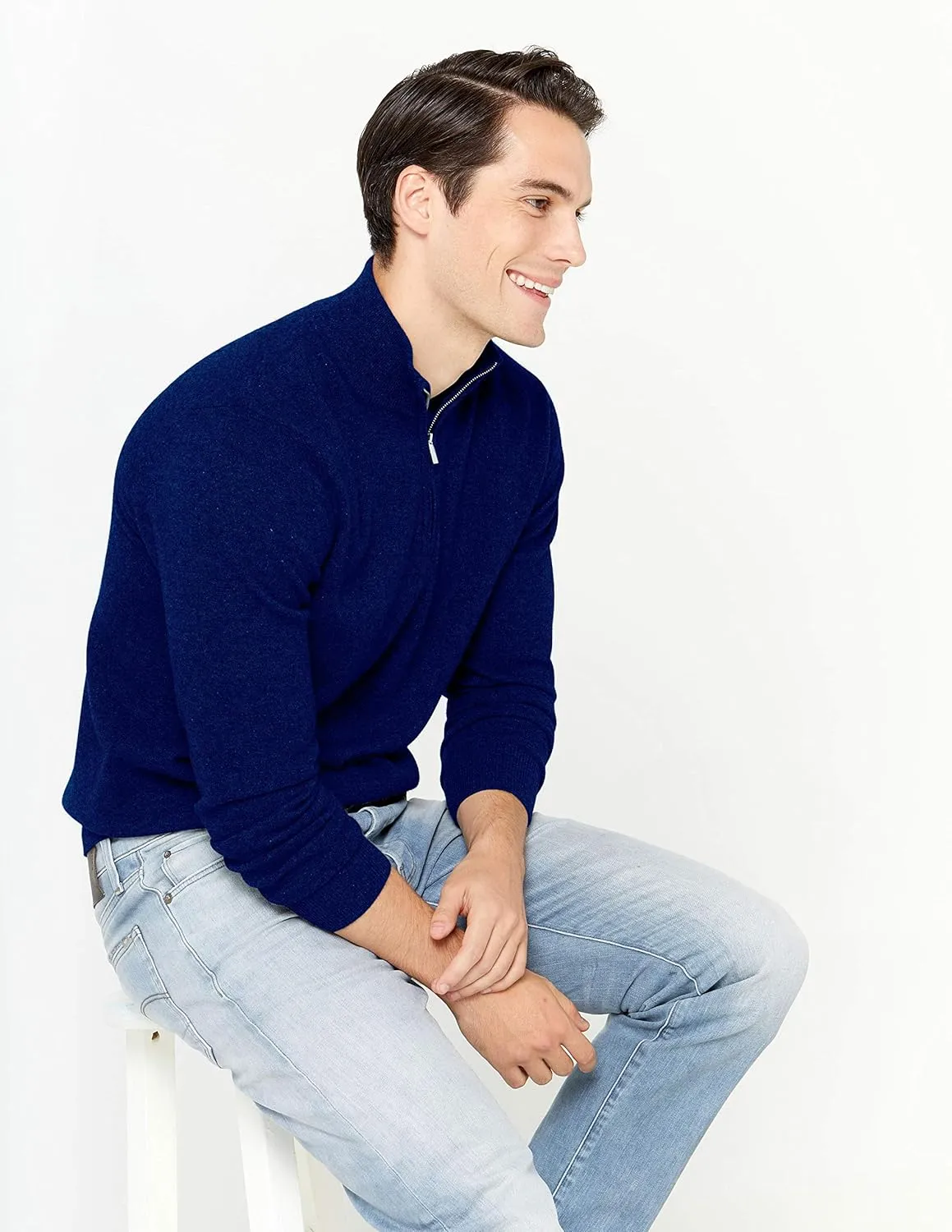State Cashmere Men's Half Zip Mock Neck Sweater 100% Pure Cashmere Polo Neck Pullover