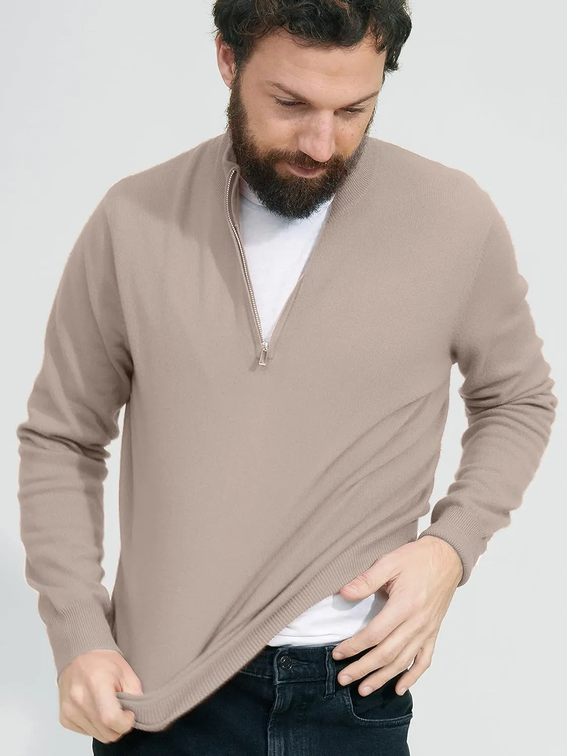 State Cashmere Men's Half Zip Mock Neck Sweater 100% Pure Cashmere Polo Neck Pullover