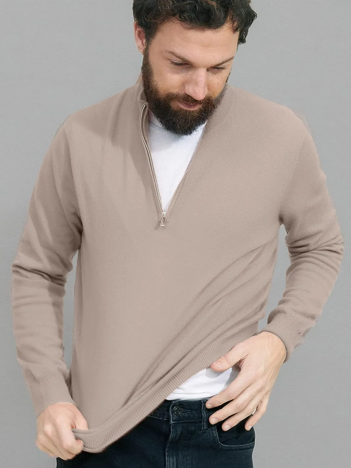State Cashmere Men's Half Zip Mock Neck Sweater 100% Pure Cashmere Polo Neck Pullover