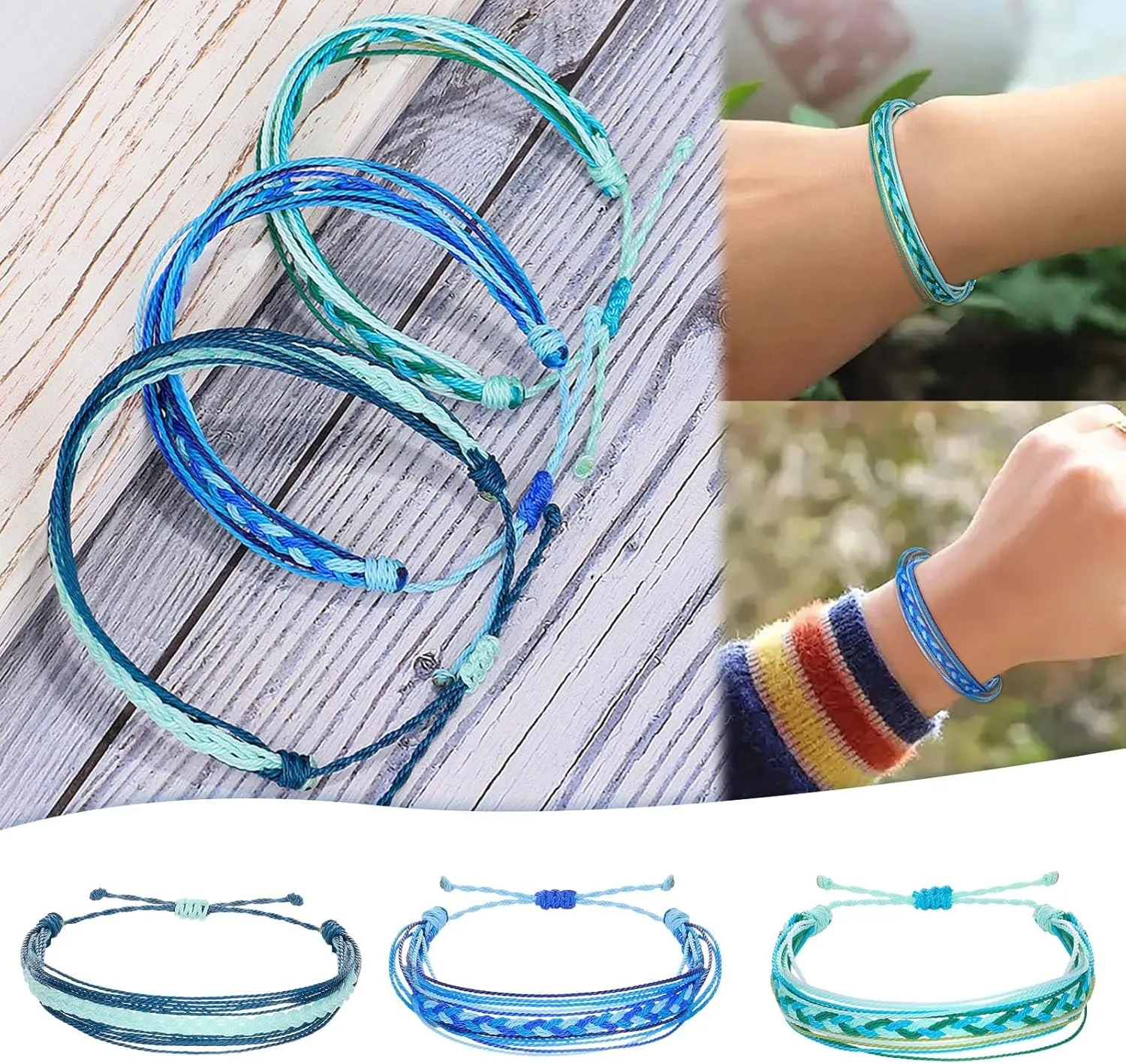 String Wave Bracelets for Women Handmade Colorful Waterproof Adjustable Braided Beach Bracelet Set for Women