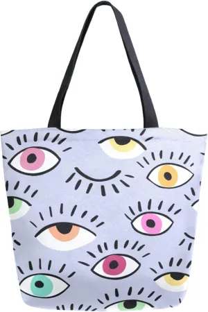 Stylish Extra Large Shoulder Grocery Tote Bag, Colorful Eyes Doodle Pattern Canvas Daily Handle Bag for Gym Yoga Weekender Beach Travel Picnic Kitchen Reusable Market Shopping