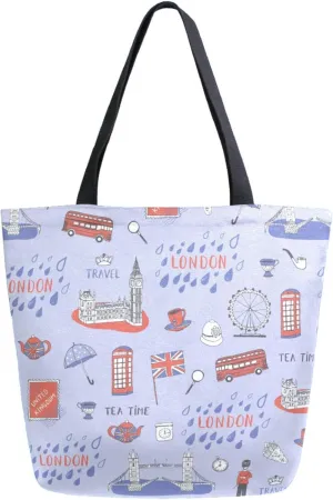 Stylish Extra Large Shoulder Grocery Tote Bag, London Floral Bus Telephone Booth Hearts Canvas Daily Handle Bag for Gym Yoga Weekender Beach Travel Picnic Kitchen Reusable Market Shopping