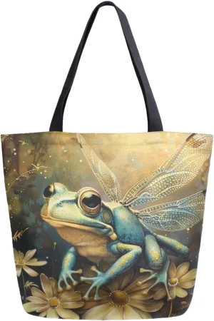 Stylish Extra Large Shoulder Grocery Tote Bag, Myth Magic Frog in Dragonfly Wing Canvas Daily Handle Bag for Gym Weekender Beach Travel Kitchen Reusable Market Shopping