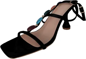 SuanlaTDS Women's High Heels Sandals Sexy Square Open Toe Beaded T-strap Stiletto Heel Buckle Ankle Strap 2025 Casual Summer Beach Shoes Outdoor 2025 Comfortable Heeled Sandal for Wedding Party