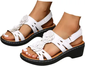 Summer Sandals For Women 2025,Women's Orthopedic with Arch Support Mid Heels Ankle Straps Open Toe Hollow Out Comfortable Flowers Sandal Dressy Womens Walking Wedges Low Heel Shoes for Daily Wear