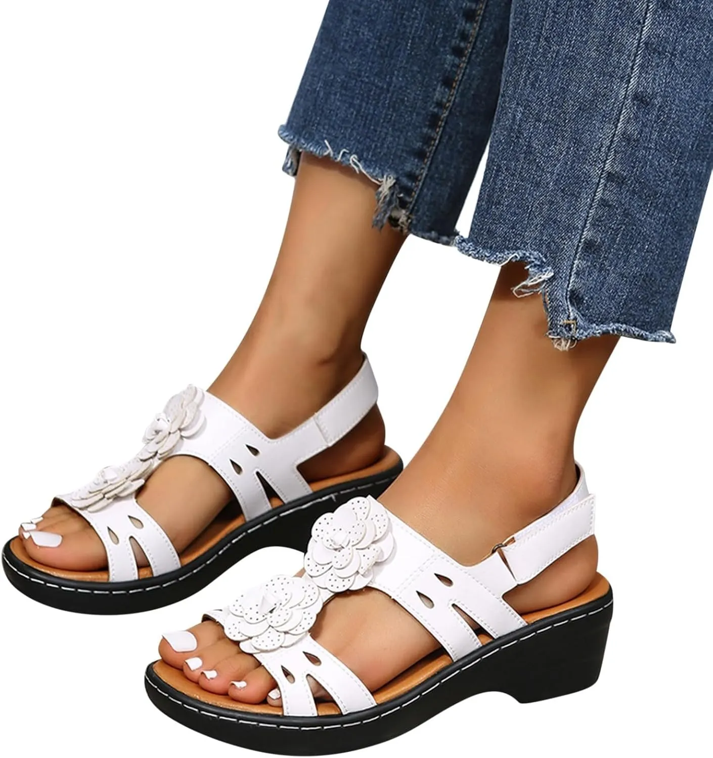 Summer Sandals For Women 2025,Women's Orthopedic with Arch Support Mid Heels Ankle Straps Open Toe Hollow Out Comfortable Flowers Sandal Dressy Womens Walking Wedges Low Heel Shoes for Daily Wear