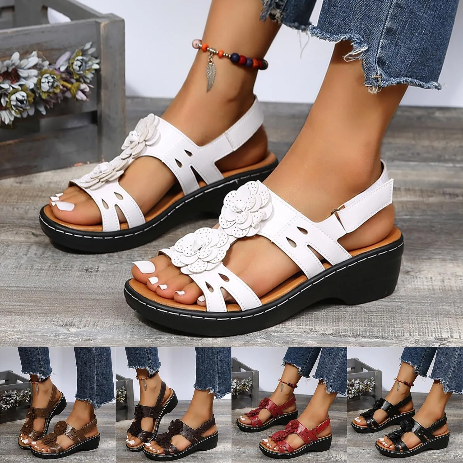Summer Sandals For Women 2025,Women's Orthopedic with Arch Support Mid Heels Ankle Straps Open Toe Hollow Out Comfortable Flowers Sandal Dressy Womens Walking Wedges Low Heel Shoes for Daily Wear