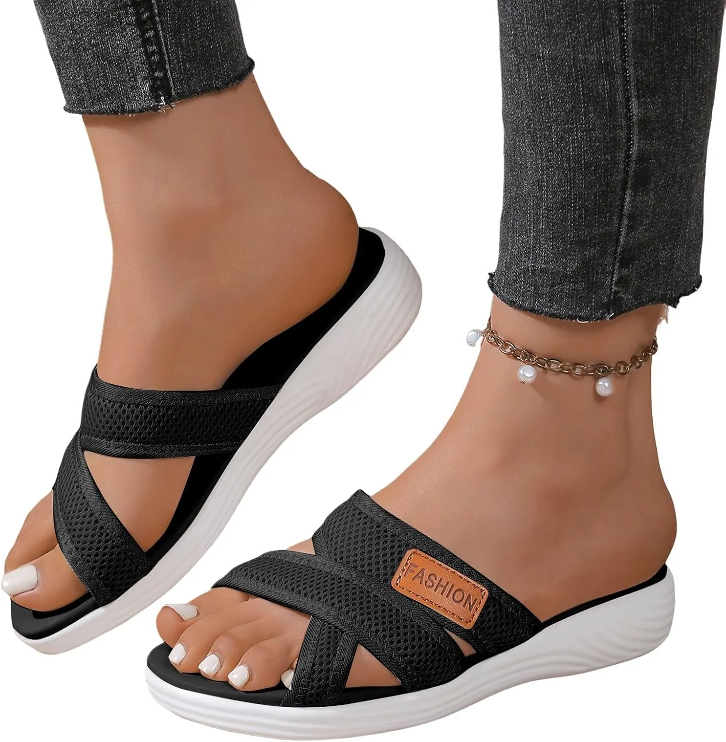 Summer Sandals For Women 2025,Women's Slide Sandals,Comfortable Trendy Beach Hollow Mesh Casual Orthopedic Comfy Low Heel Arch Support Dress Bohe Foot Supports Plantar Fasciitis Bunion Orthotic Shoes
