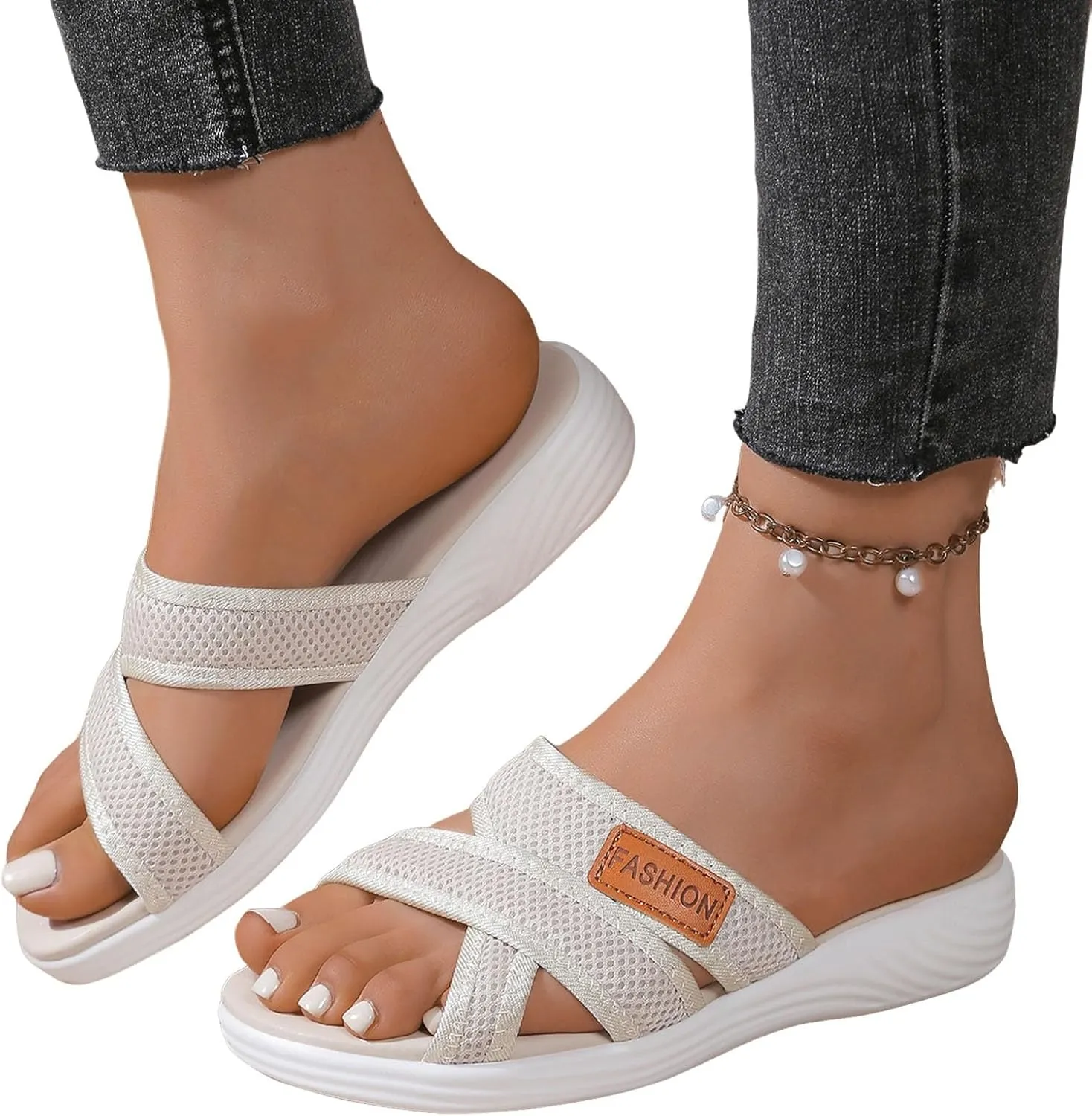 Summer Sandals For Women 2025,Women's Slide Sandals,Comfortable Trendy Beach Hollow Mesh Casual Orthopedic Comfy Low Heel Arch Support Dress Bohe Foot Supports Plantar Fasciitis Bunion Orthotic Shoes