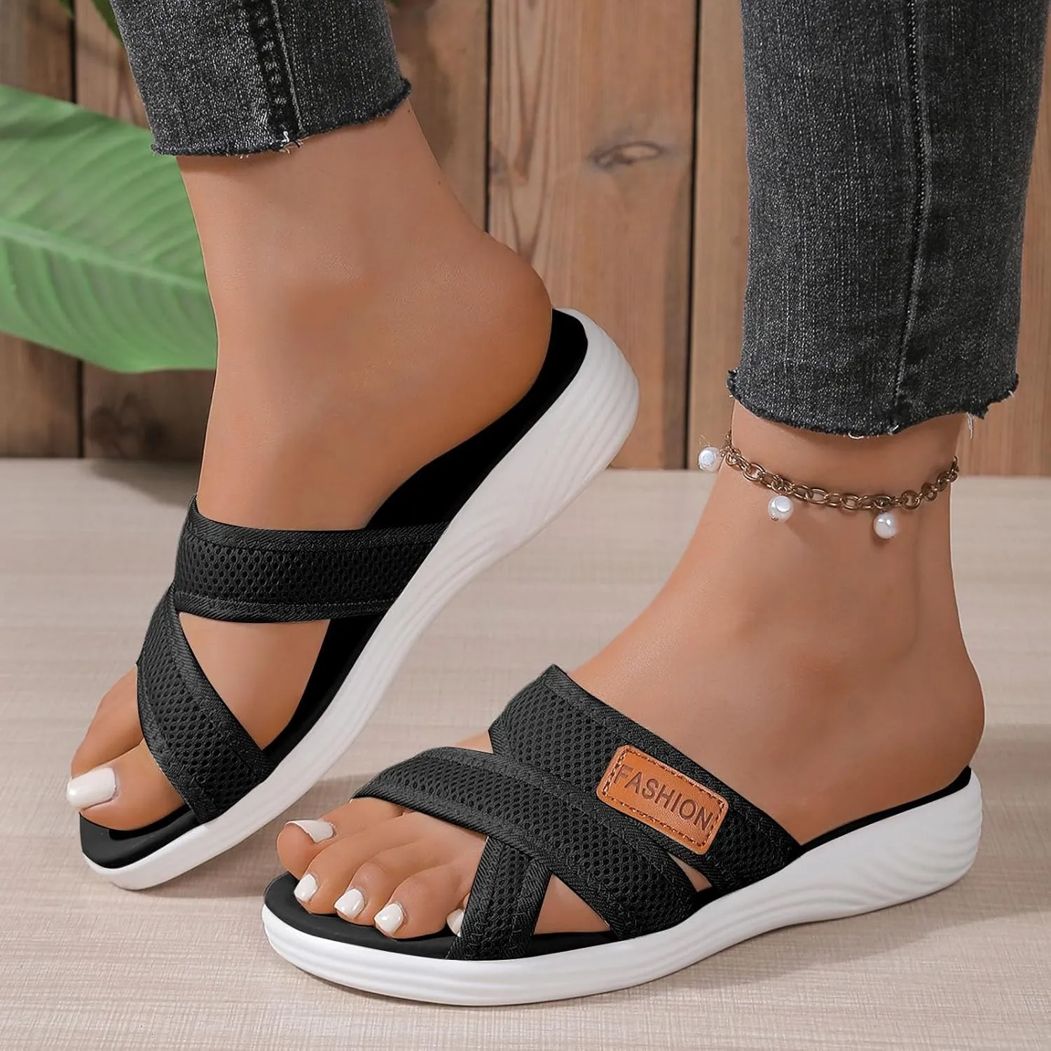 Summer Sandals For Women 2025,Women's Slide Sandals,Comfortable Trendy Beach Hollow Mesh Casual Orthopedic Comfy Low Heel Arch Support Dress Bohe Foot Supports Plantar Fasciitis Bunion Orthotic Shoes