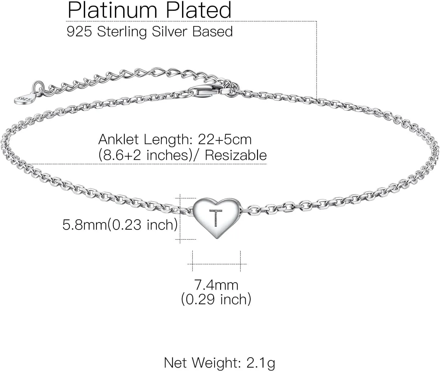 Suplight 925 Sterling Silver A-Z Initial Heart Anklets, Dainty Ankle Bracelets Beach Jewelry for Women (with Gift Box)