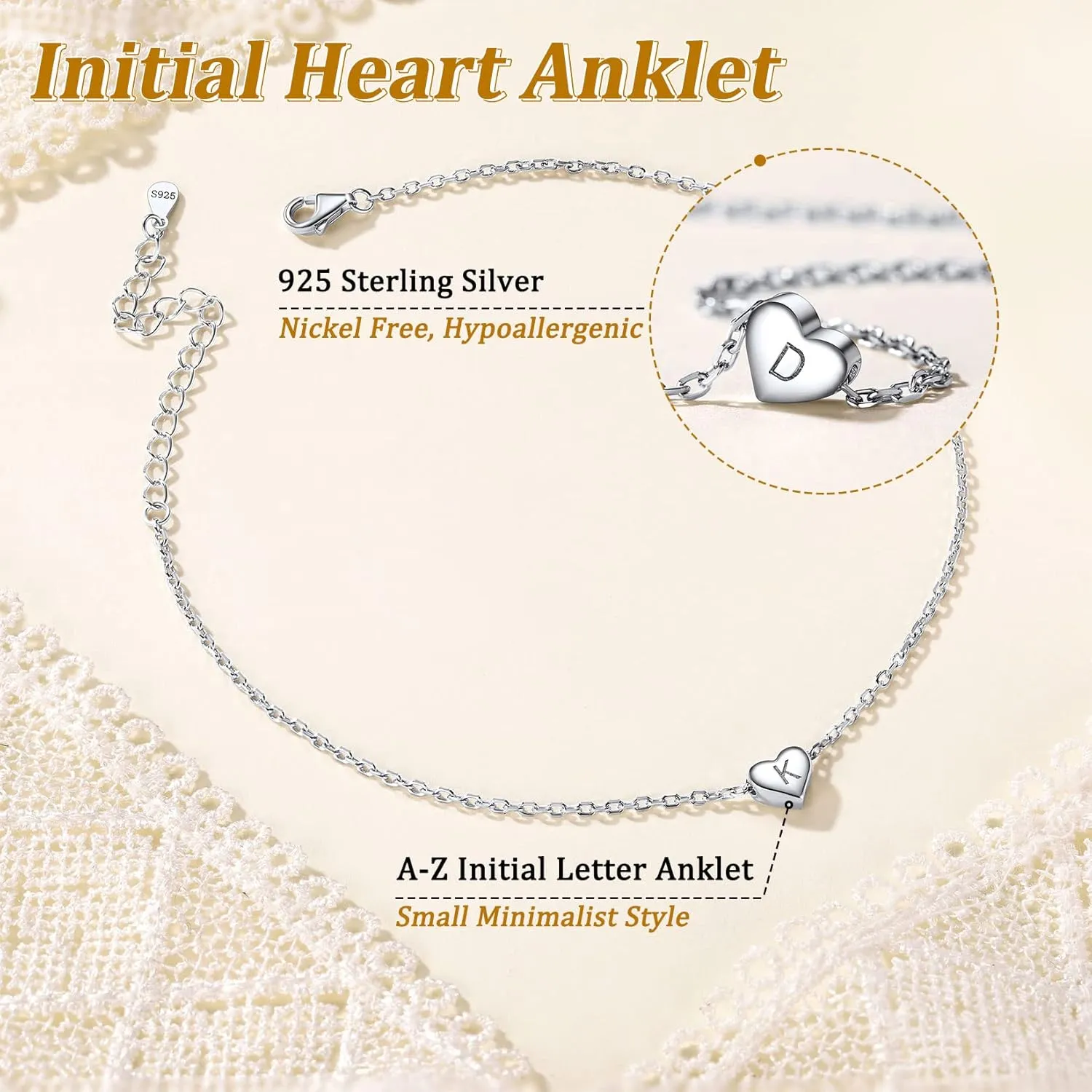 Suplight 925 Sterling Silver A-Z Initial Heart Anklets, Dainty Ankle Bracelets Beach Jewelry for Women (with Gift Box)