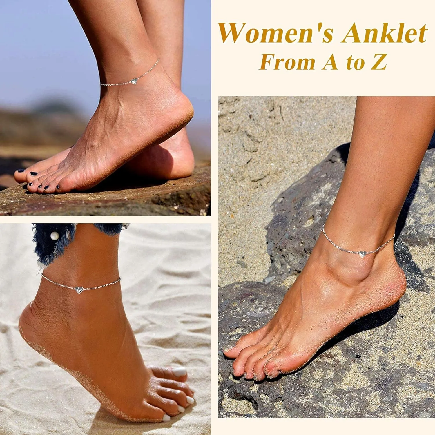 Suplight 925 Sterling Silver A-Z Initial Heart Anklets, Dainty Ankle Bracelets Beach Jewelry for Women (with Gift Box)