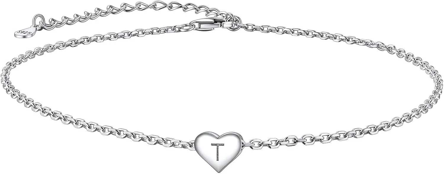 Suplight 925 Sterling Silver A-Z Initial Heart Anklets, Dainty Ankle Bracelets Beach Jewelry for Women (with Gift Box)