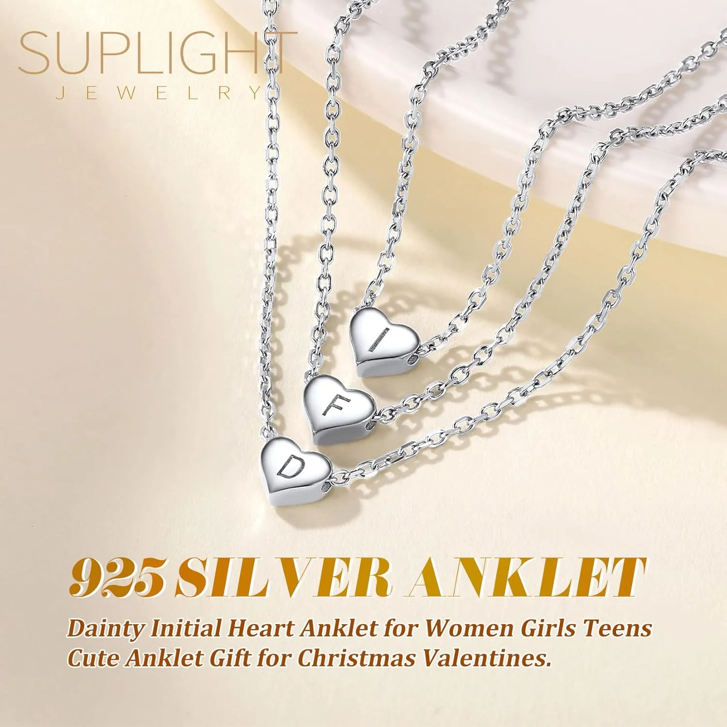 Suplight 925 Sterling Silver A-Z Initial Heart Anklets, Dainty Ankle Bracelets Beach Jewelry for Women (with Gift Box)