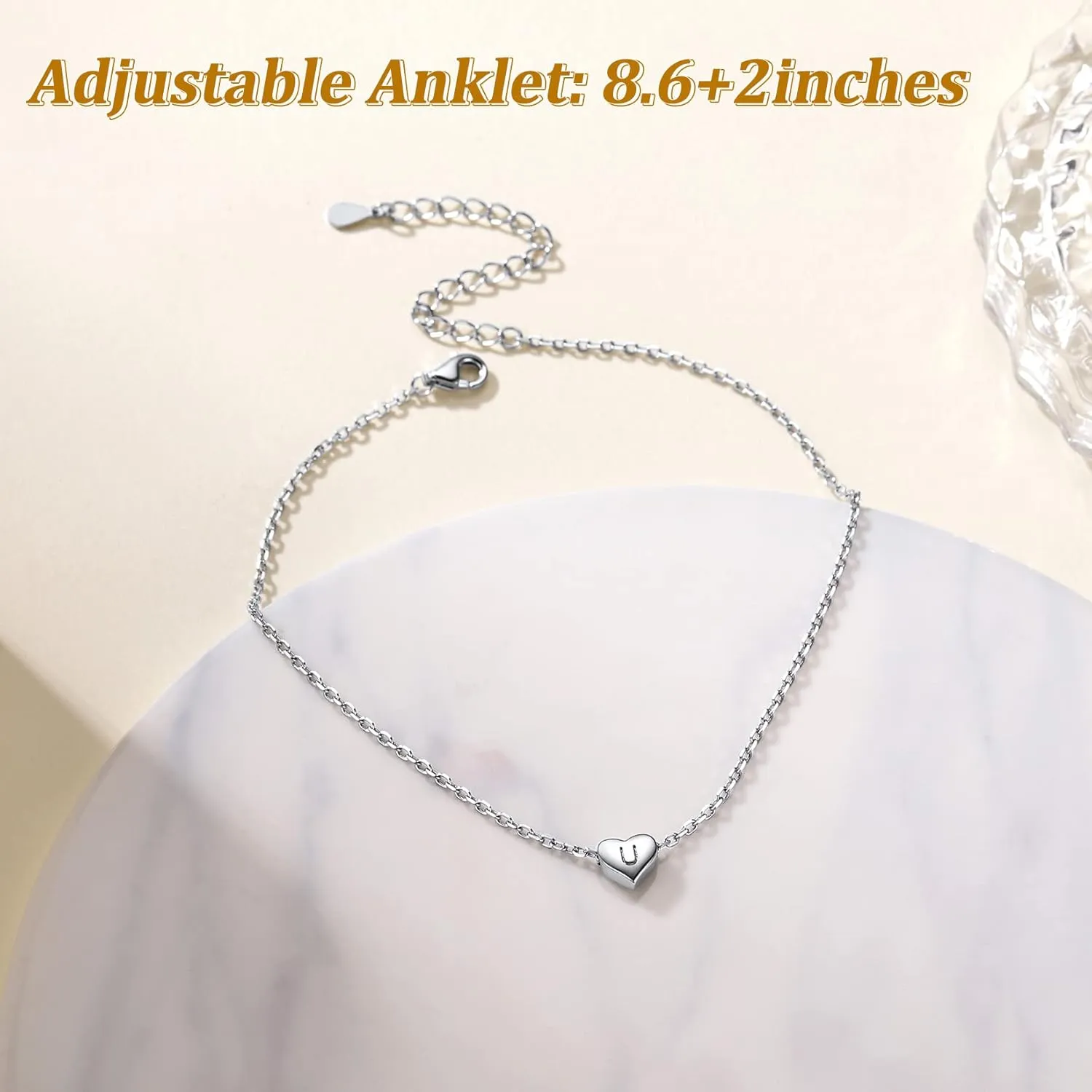 Suplight 925 Sterling Silver A-Z Initial Heart Anklets, Dainty Ankle Bracelets Beach Jewelry for Women (with Gift Box)
