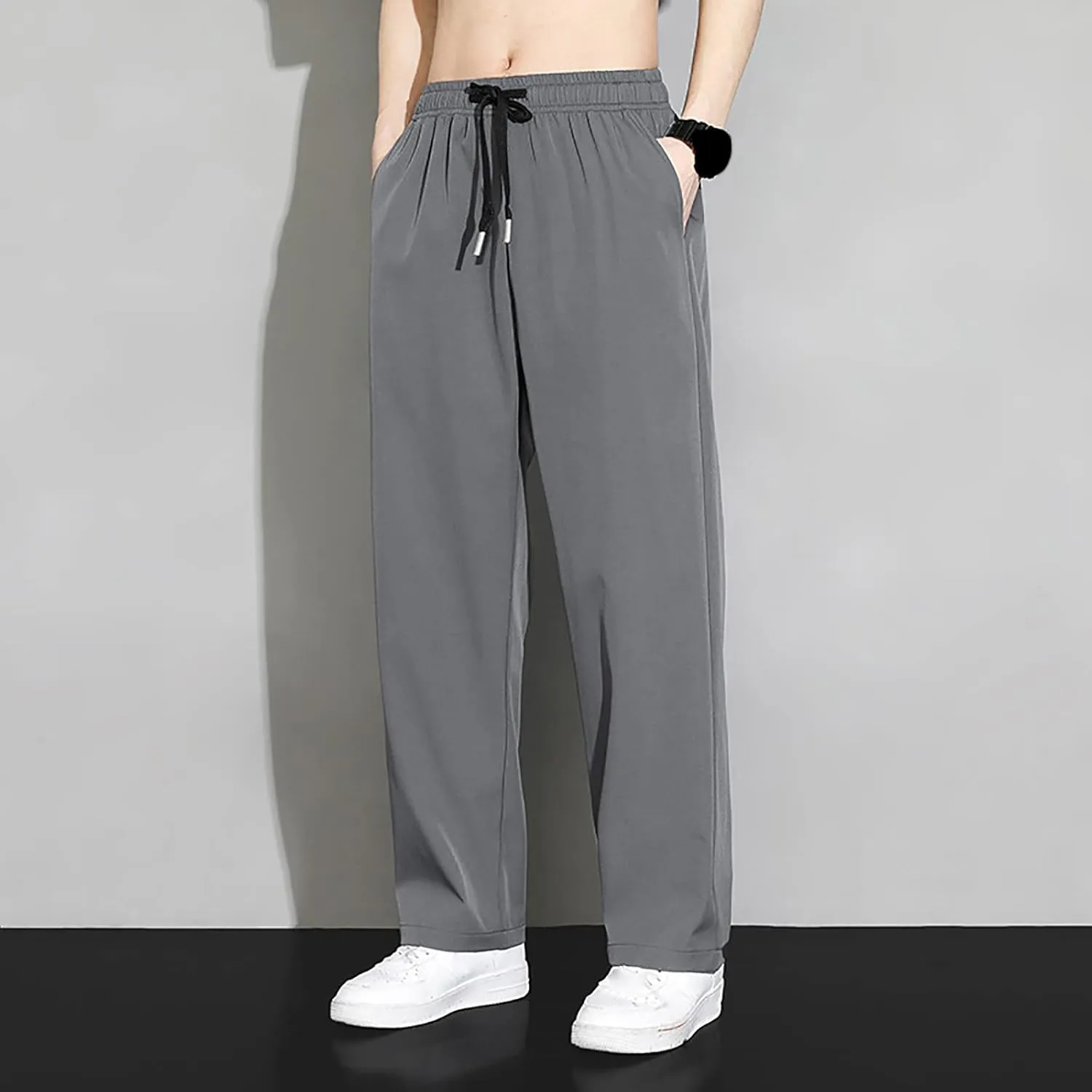Sweatpants for Men Baggy Elastic Waist Drawstring Joggers Casual Relaxed Fit Lightweight Straight Chino Pants with Pockets