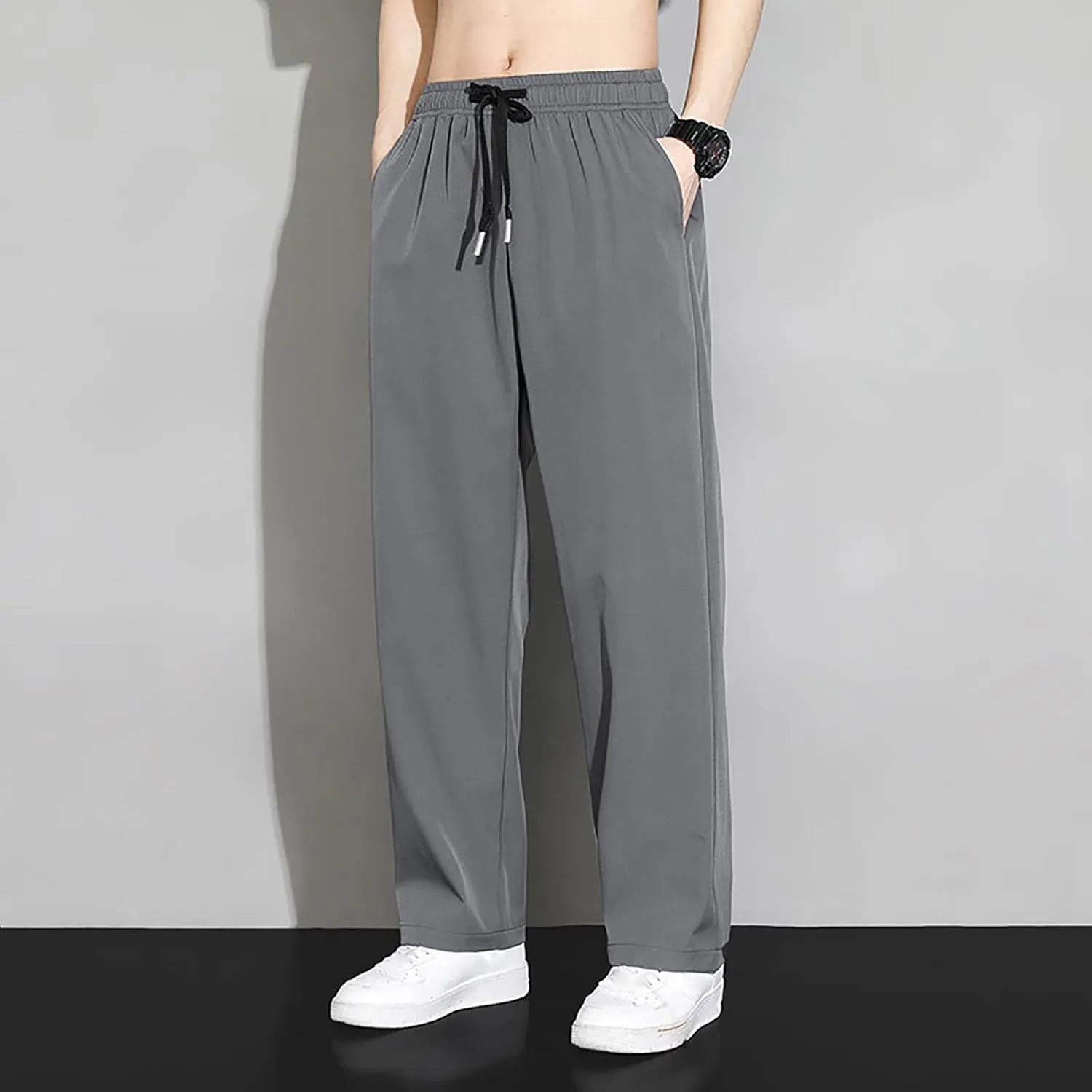 Sweatpants for Men Baggy Elastic Waist Drawstring Joggers Casual Relaxed Fit Lightweight Straight Chino Pants with Pockets