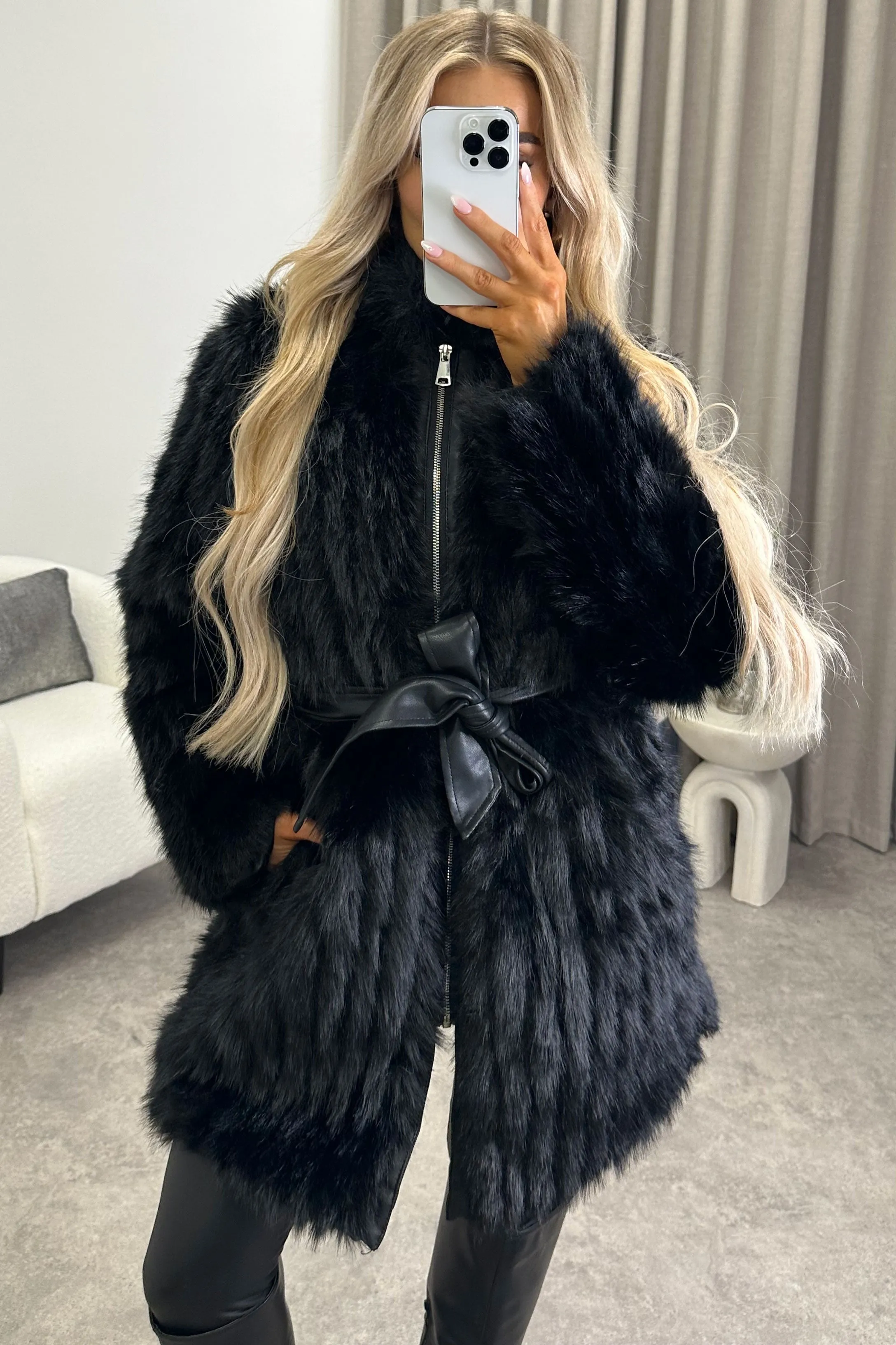 Syliva Black Faux Leather PU Faux Fur Zip Up Belted Longline Jacket
