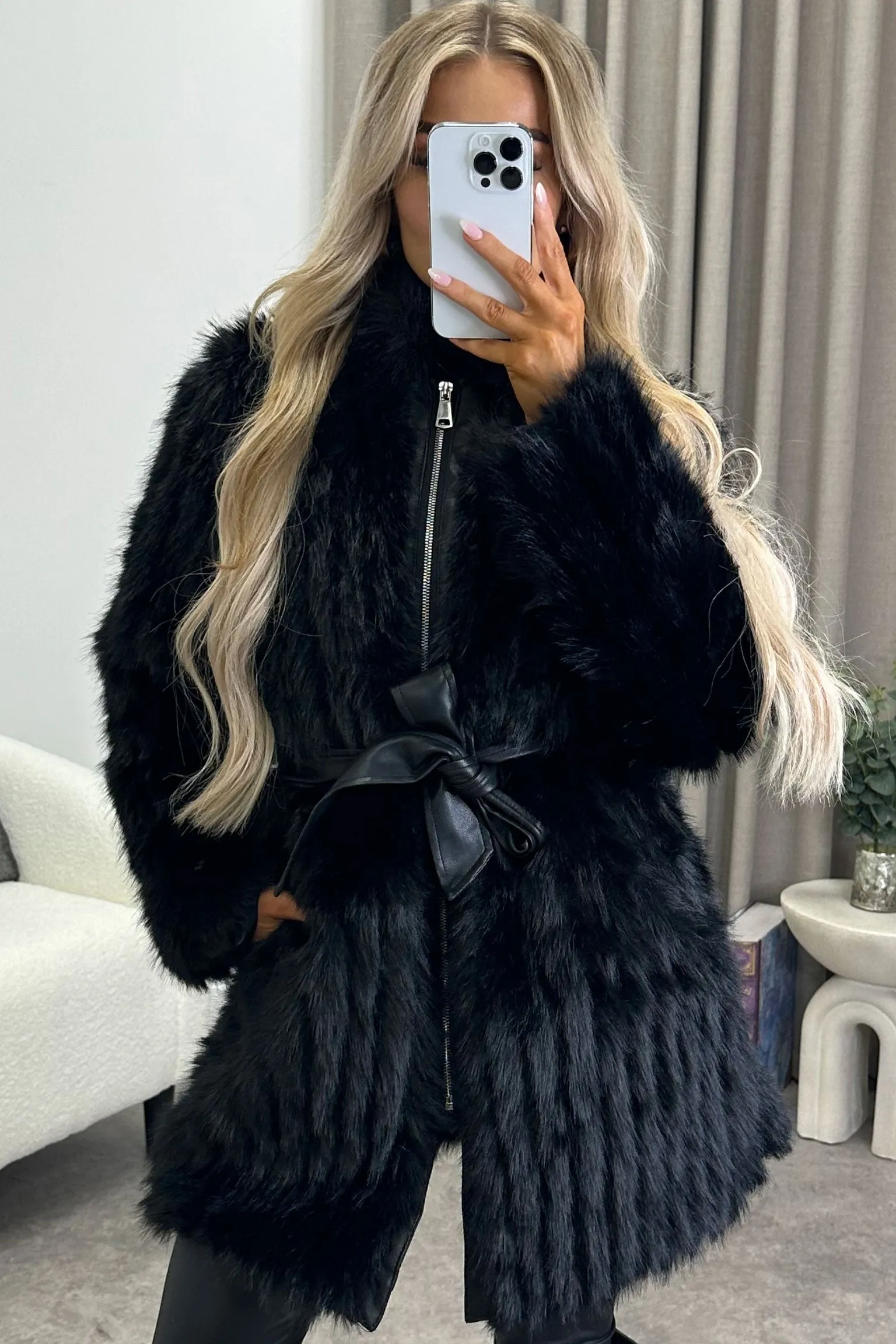 Syliva Black Faux Leather PU Faux Fur Zip Up Belted Longline Jacket
