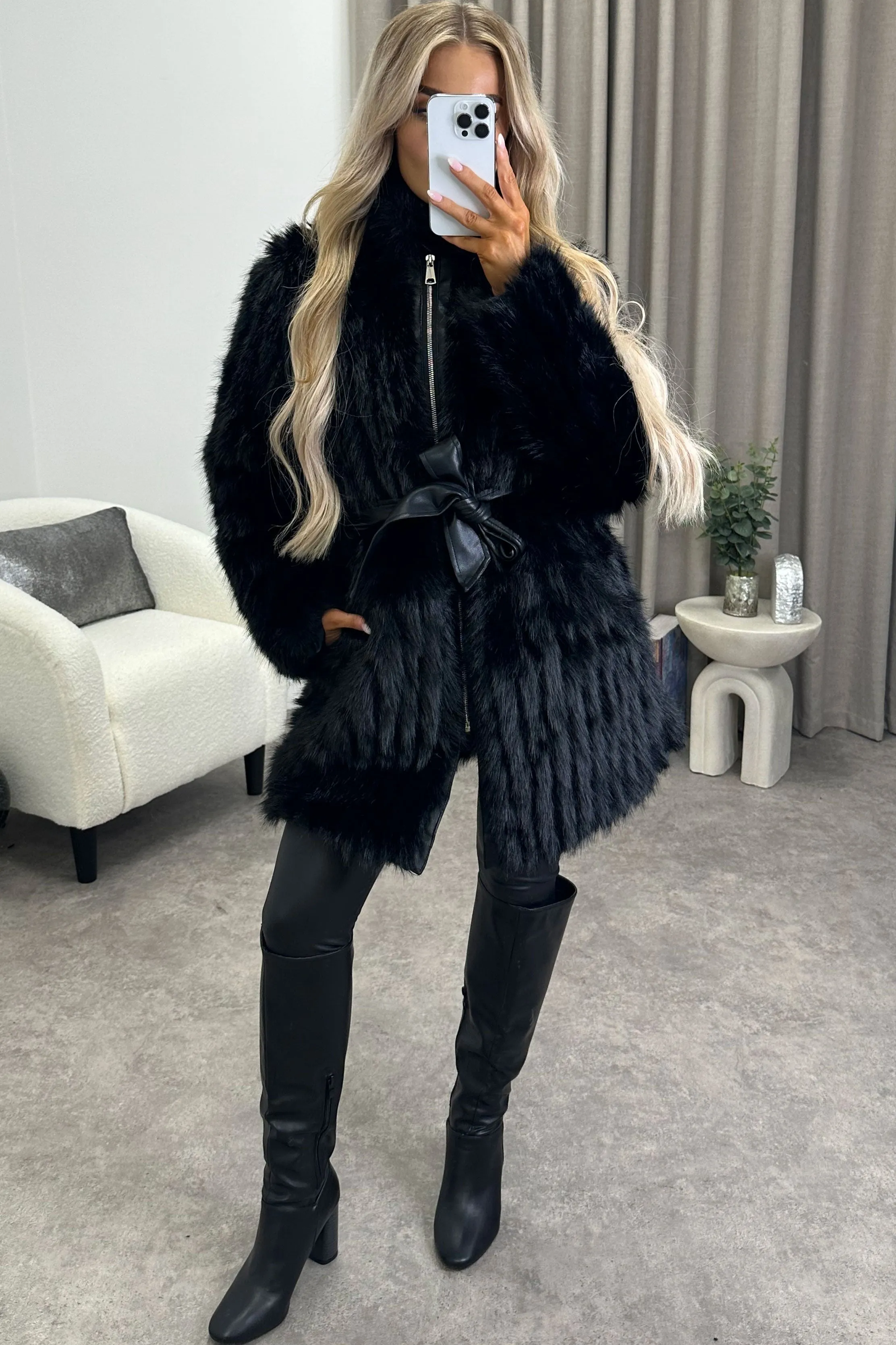 Syliva Black Faux Leather PU Faux Fur Zip Up Belted Longline Jacket