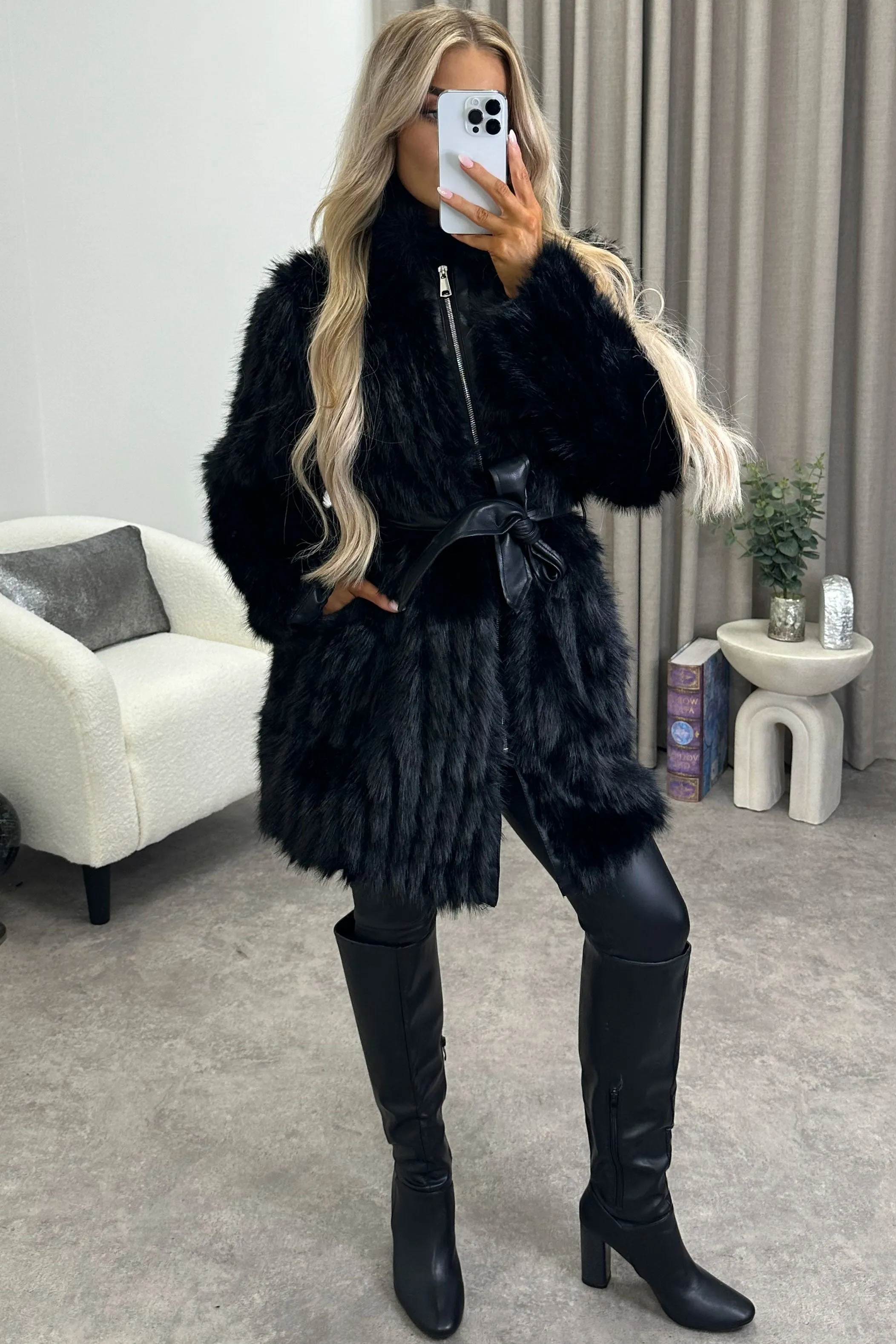 Syliva Black Faux Leather PU Faux Fur Zip Up Belted Longline Jacket