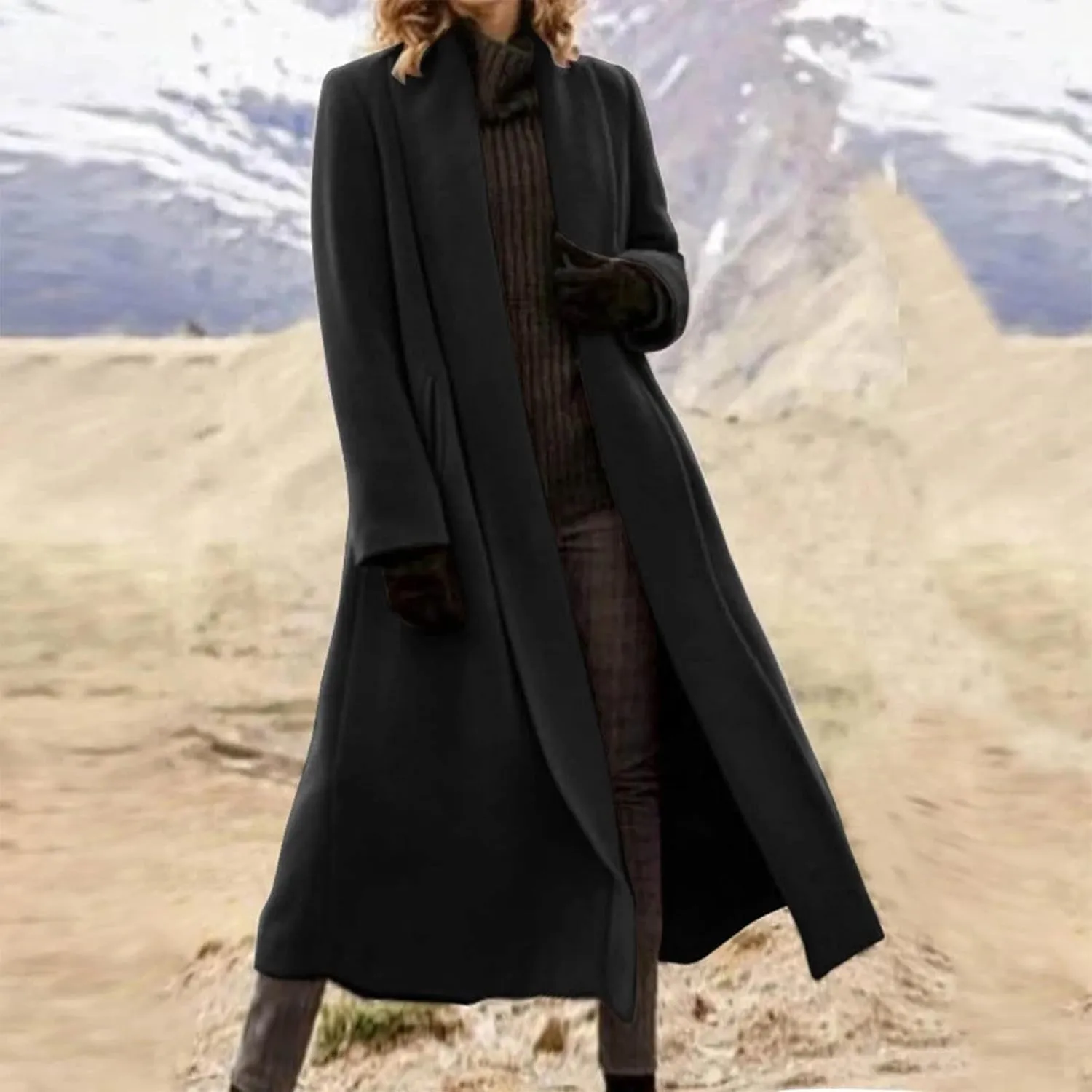 TANGNADE Winter Coats for Women Long Length Wool Jackets Notch Lapel Single Breasted Trendy Casual Long Pea Trench Coat