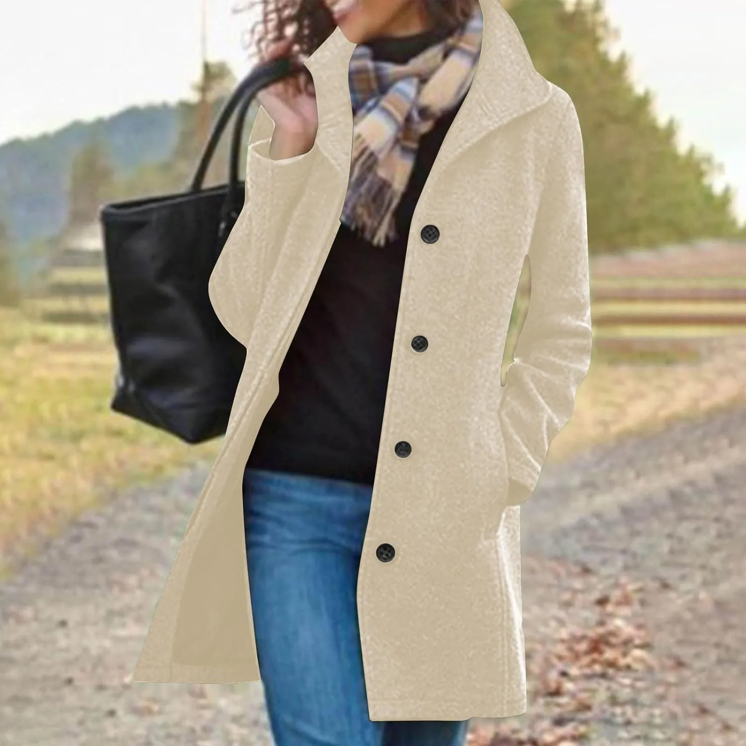 TANGNADE Women Stand Collar Single Breasted Mid Long Length Wool Blend Coat Business Peacoat Winter Warm Pea Coats Pocket
