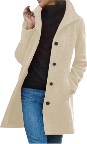 TANGNADE Women Stand Collar Single Breasted Mid Long Length Wool Blend Coat Business Peacoat Winter Warm Pea Coats Pocket