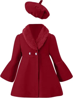 Toddler Kids Girls Trench Jacket Long Sleeve Furry Collar Warm Peacoat with Beret Hat Set for Casual Wear Coat