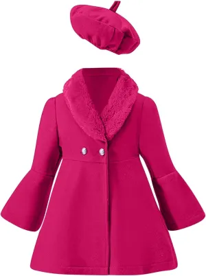 Toddler Kids Girls Trench Jacket Long Sleeve Furry Collar Warm Peacoat with Beret Hat Set for Casual Wear Coat