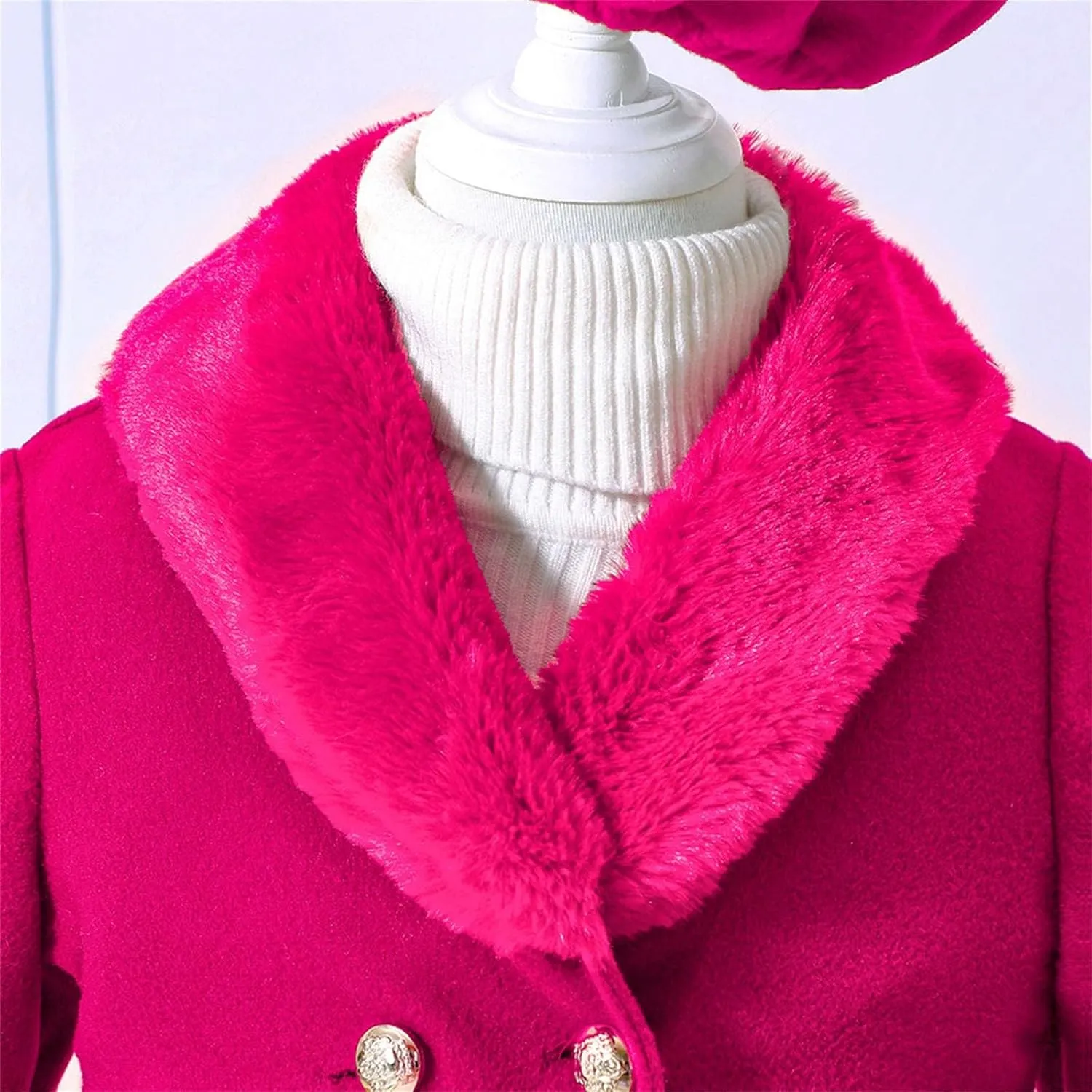 Toddler Kids Girls Trench Jacket Long Sleeve Furry Collar Warm Peacoat with Beret Hat Set for Casual Wear Coat