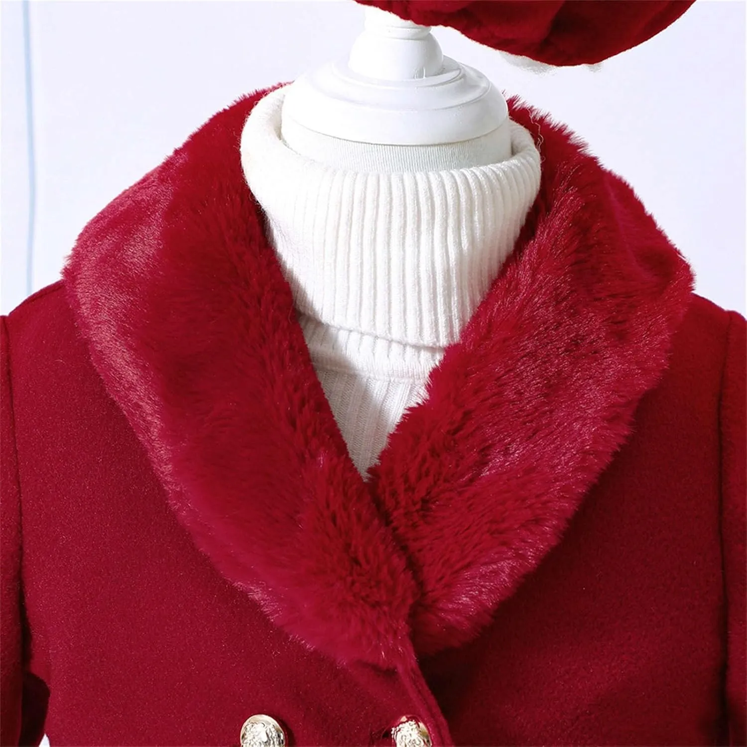 Toddler Kids Girls Trench Jacket Long Sleeve Furry Collar Warm Peacoat with Beret Hat Set for Casual Wear Coat