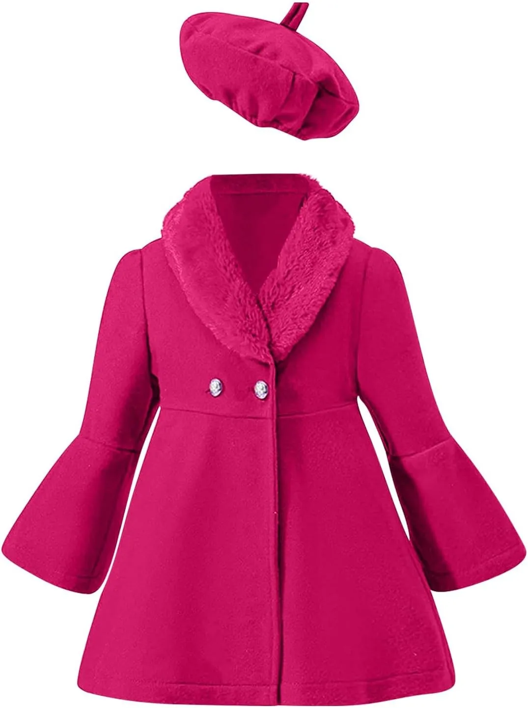 Toddler Kids Girls Trench Jacket Long Sleeve Furry Collar Warm Peacoat with Beret Hat Set for Casual Wear Coat