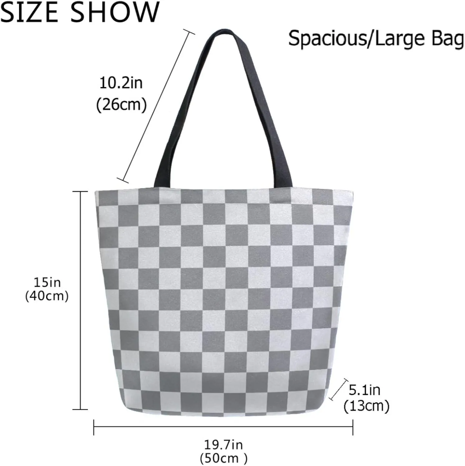 Trendy Extra Large Shoulder Grocery Tote Bag, Art Grey Checkerboard Canvas Daily Handle Bag for Gym Yoga Weekender Picnic Beach Travel Kitchen Reusable Market Shopping
