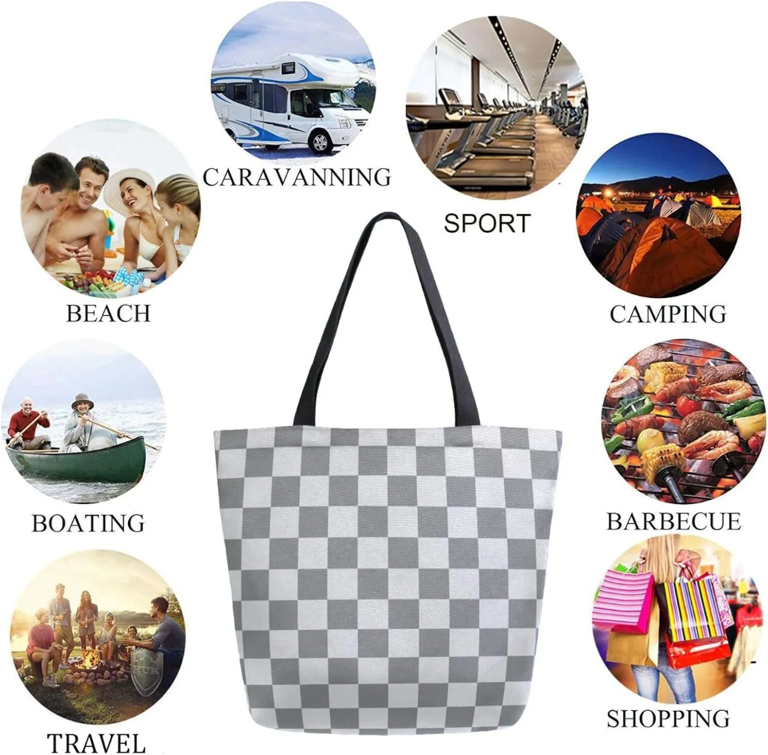 Trendy Extra Large Shoulder Grocery Tote Bag, Art Grey Checkerboard Canvas Daily Handle Bag for Gym Yoga Weekender Picnic Beach Travel Kitchen Reusable Market Shopping