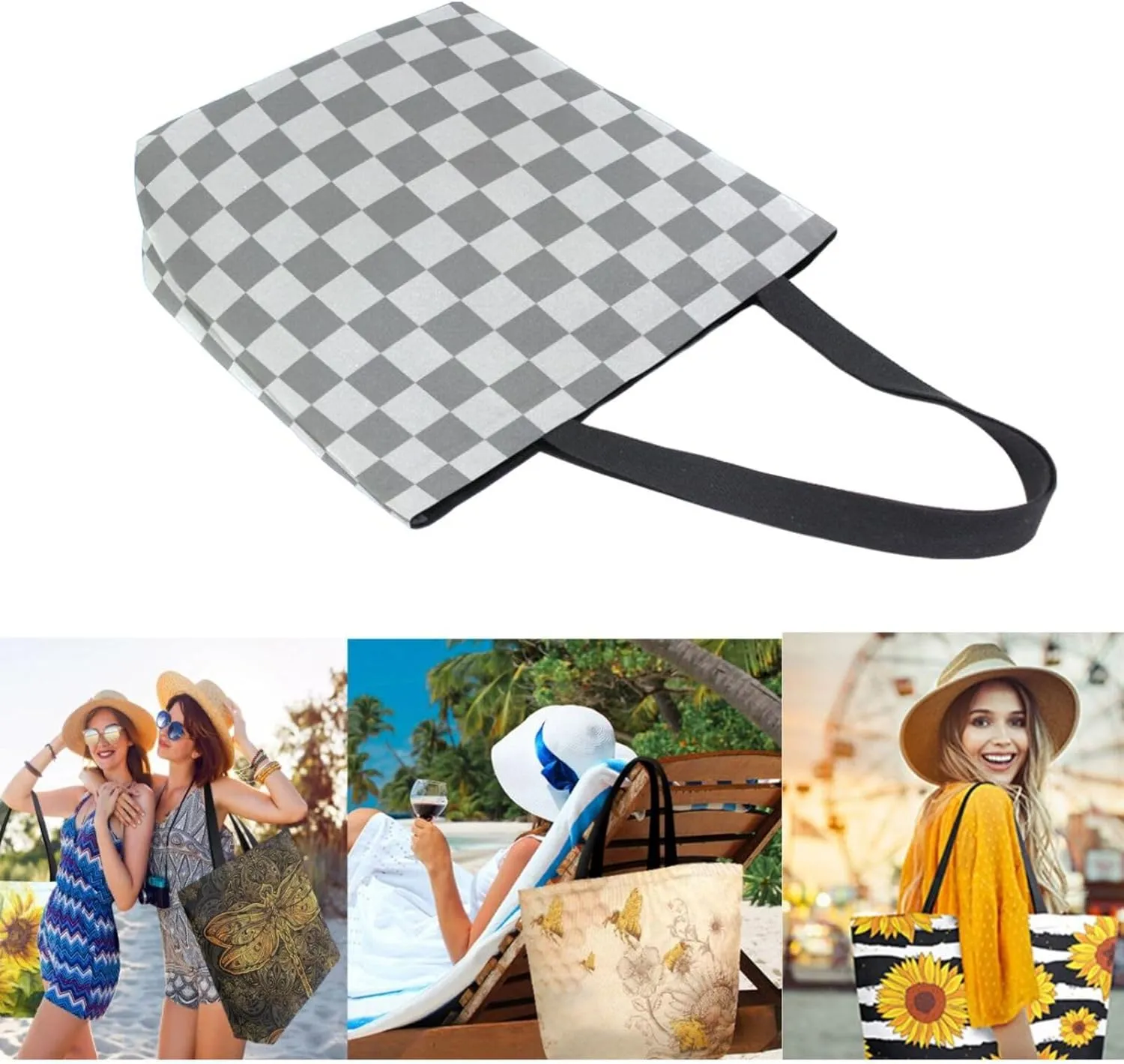 Trendy Extra Large Shoulder Grocery Tote Bag, Art Grey Checkerboard Canvas Daily Handle Bag for Gym Yoga Weekender Picnic Beach Travel Kitchen Reusable Market Shopping