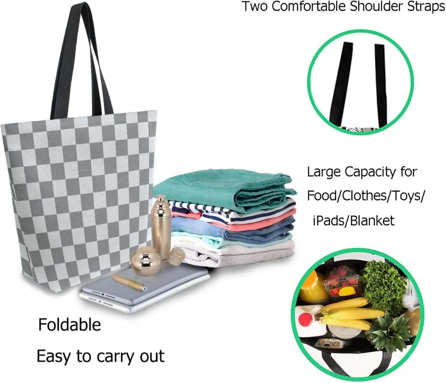 Trendy Extra Large Shoulder Grocery Tote Bag, Art Grey Checkerboard Canvas Daily Handle Bag for Gym Yoga Weekender Picnic Beach Travel Kitchen Reusable Market Shopping