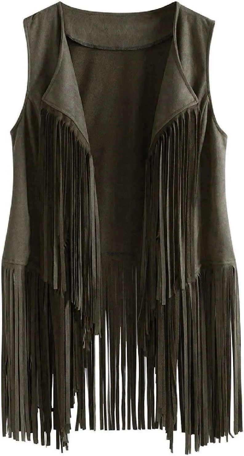 Trendy Faux Suede Fringe Jacket for Women 70s Hippie Cardigans Vest Motorcycle Tassels Sleeveless Coats