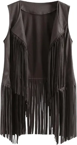 Trendy Faux Suede Fringe Jacket for Women 70s Hippie Cardigans Vest Motorcycle Tassels Sleeveless Coats