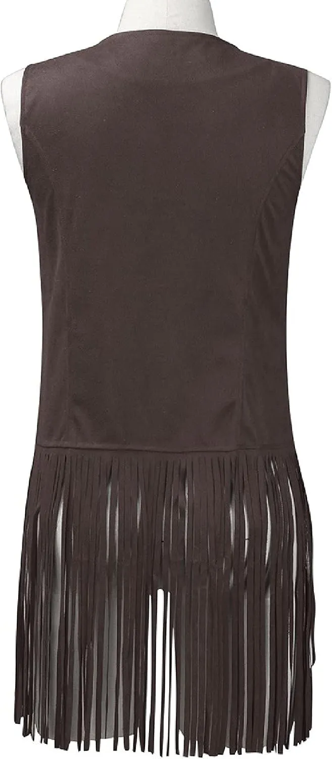 Trendy Faux Suede Fringe Jacket for Women 70s Hippie Cardigans Vest Motorcycle Tassels Sleeveless Coats