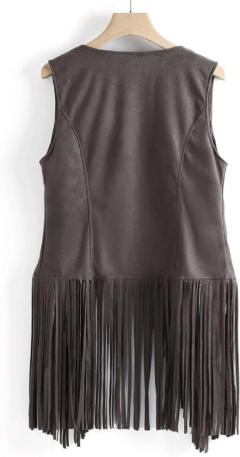 Trendy Faux Suede Fringe Jacket for Women 70s Hippie Cardigans Vest Motorcycle Tassels Sleeveless Coats