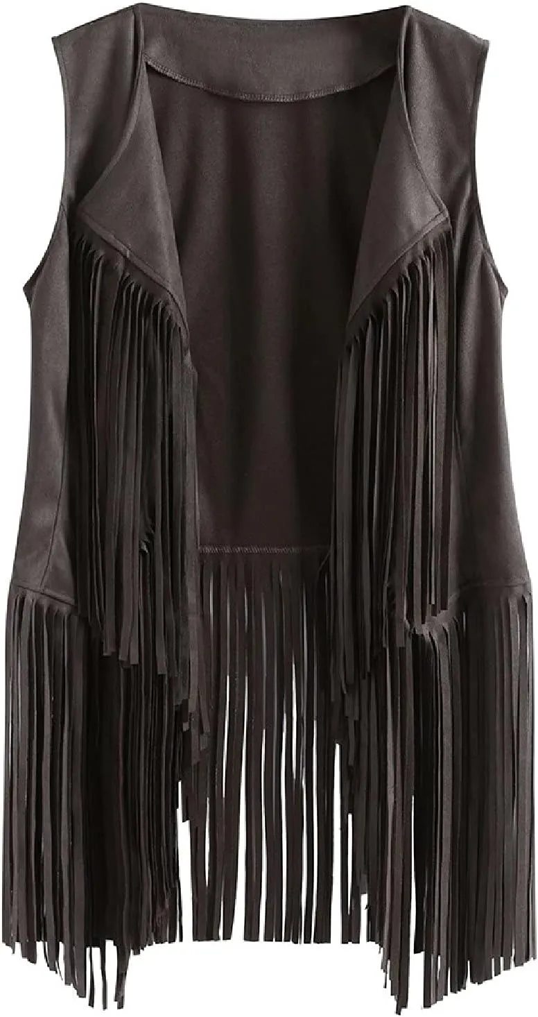 Trendy Faux Suede Fringe Jacket for Women 70s Hippie Cardigans Vest Motorcycle Tassels Sleeveless Coats